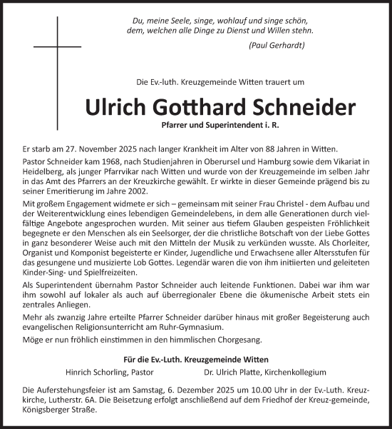 Traueranzeige von Ulrich Gotthard Schneider von Tageszeitung