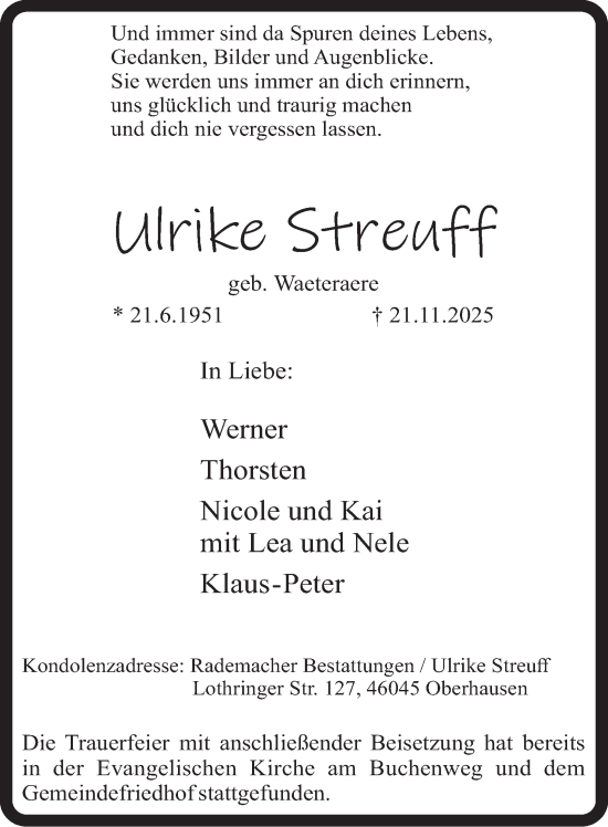 Traueranzeige von Ulrike Streuff von Tageszeitung