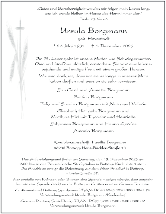 Traueranzeige von Ursula Borgmann von Tageszeitung