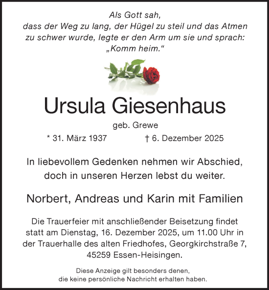 Traueranzeige von Ursula Giesenhaus von Tageszeitung