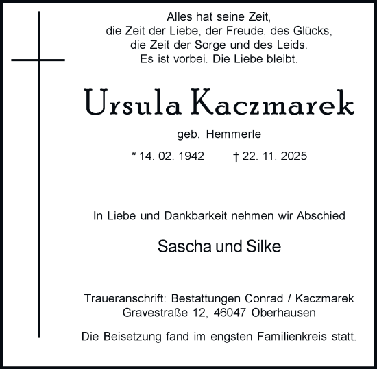 Traueranzeige von Ursula Kaczmarek von Tageszeitung