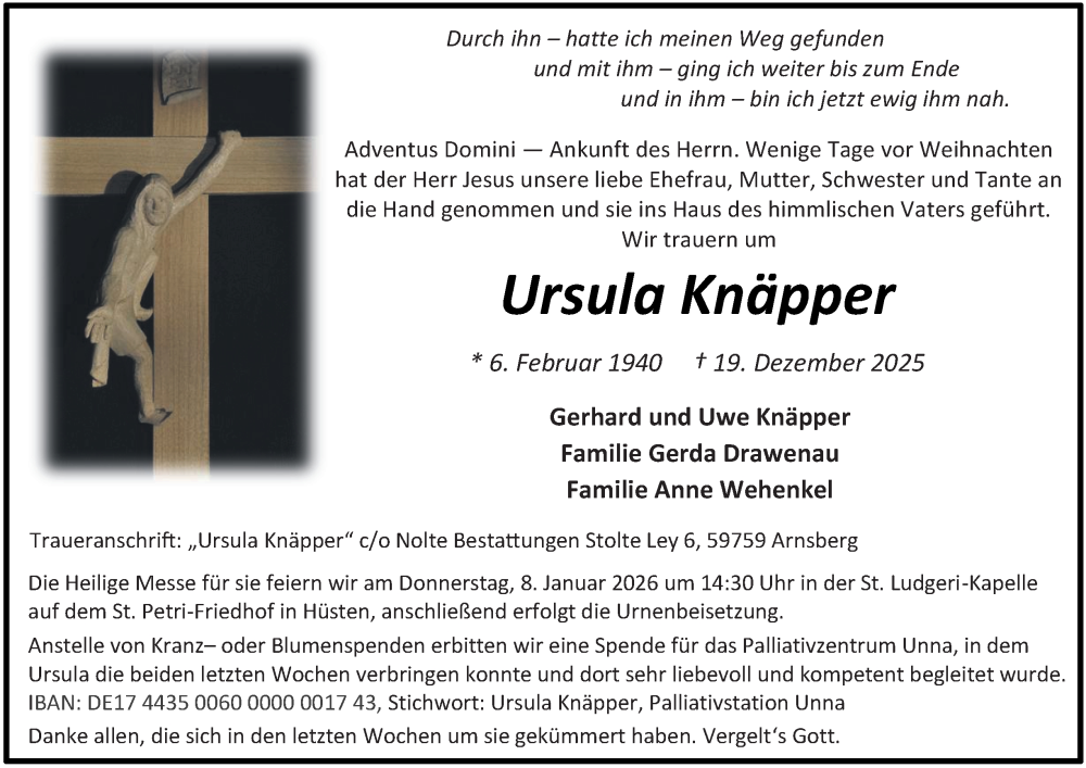  Traueranzeige für Ursula Knäpper vom 31.12.2025 aus Tageszeitung