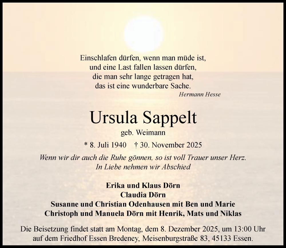  Traueranzeige für Ursula Sappelt vom 03.12.2025 aus Tageszeitung