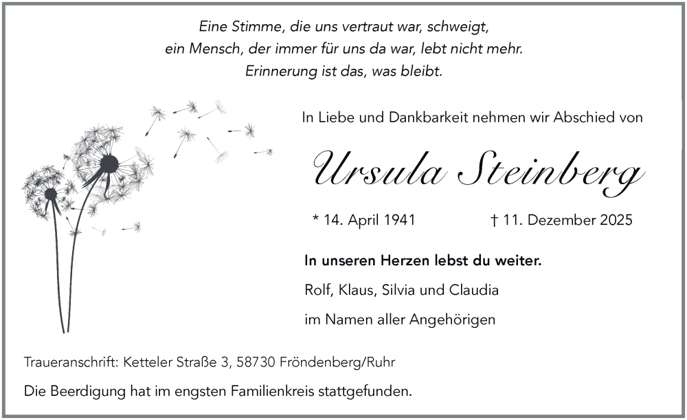  Traueranzeige für Ursula Steinberg vom 20.12.2025 aus Tageszeitung