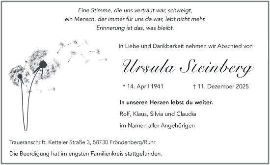 Traueranzeige von Ursula Steinberg von Tageszeitung