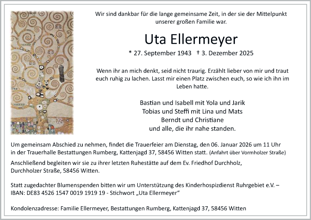  Traueranzeige für Uta Ellermeyer vom 20.12.2025 aus Tageszeitung
