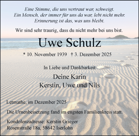Traueranzeige von Uwe Schulz von Tageszeitung