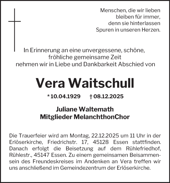 Traueranzeige von Vera Waitschull von Tageszeitung