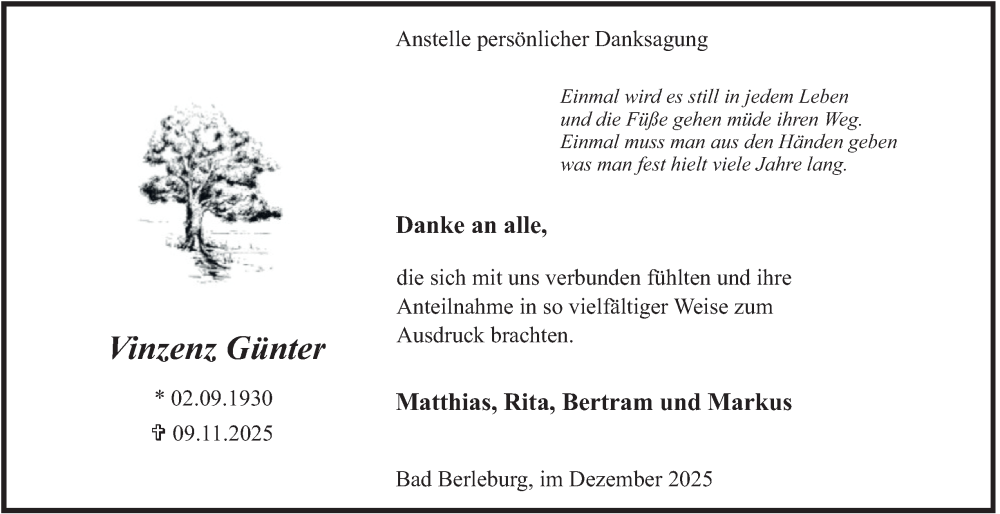  Traueranzeige für Vinzenz Günter vom 22.12.2025 aus Tageszeitung