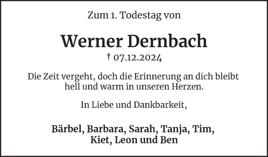 Traueranzeige von Werner Dernbach von Tageszeitung