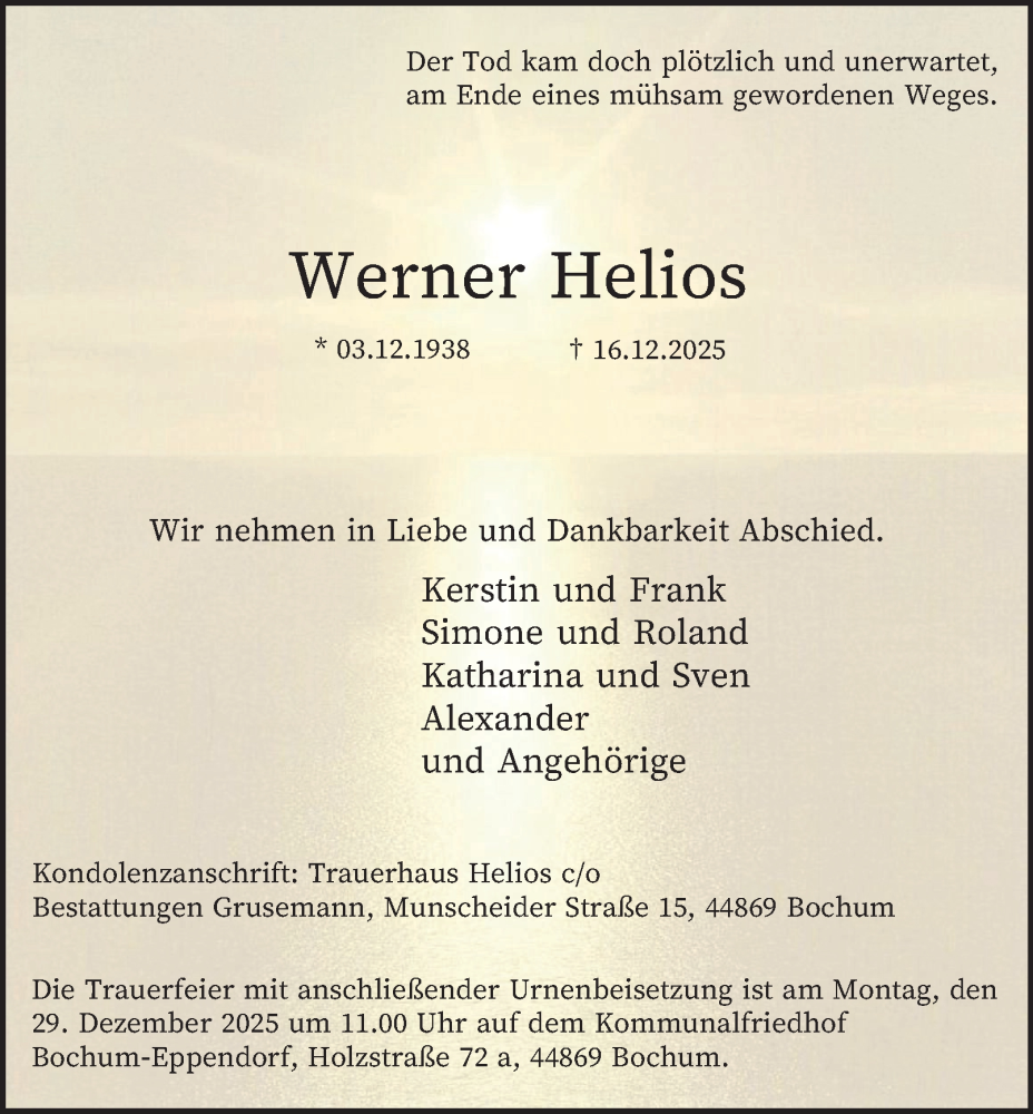  Traueranzeige für Werner Helios vom 27.12.2025 aus Tageszeitung