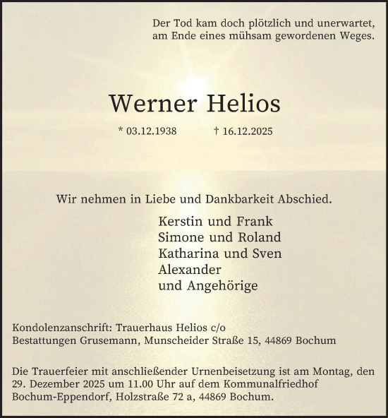 Traueranzeige von Werner Helios von Tageszeitung