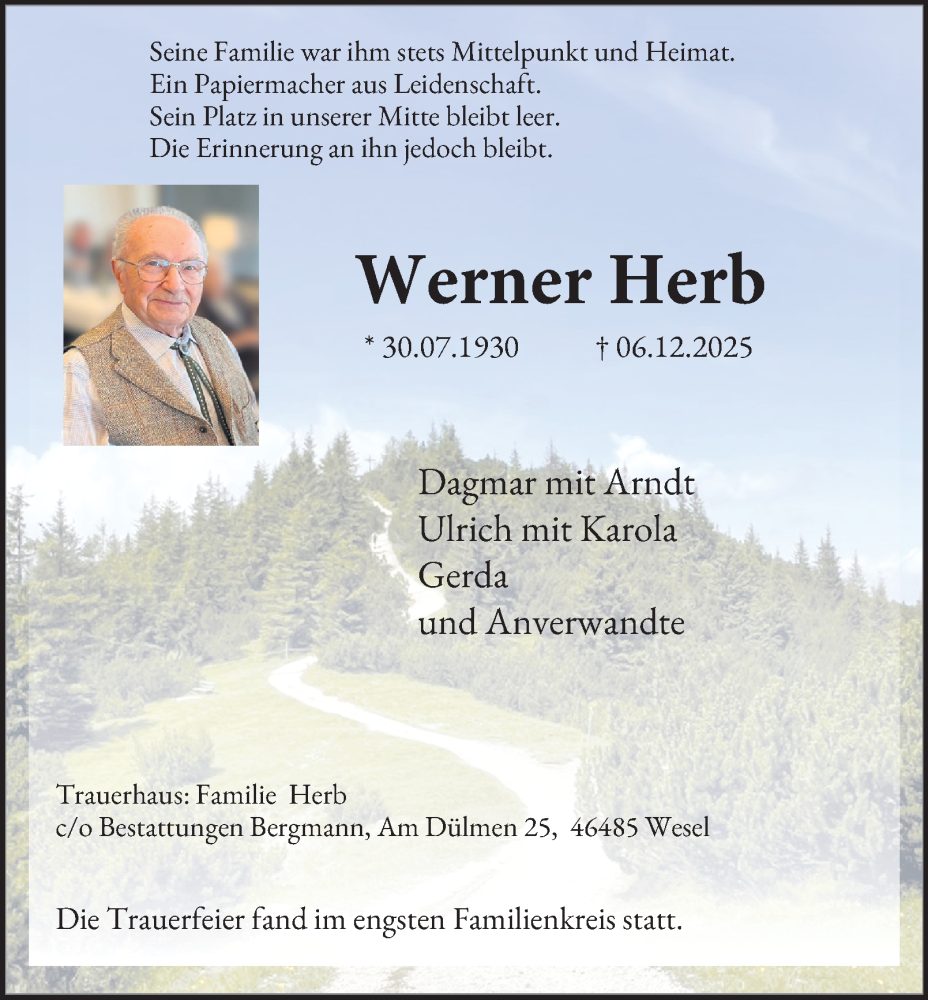  Traueranzeige für Werner Herb vom 18.12.2025 aus Tageszeitung