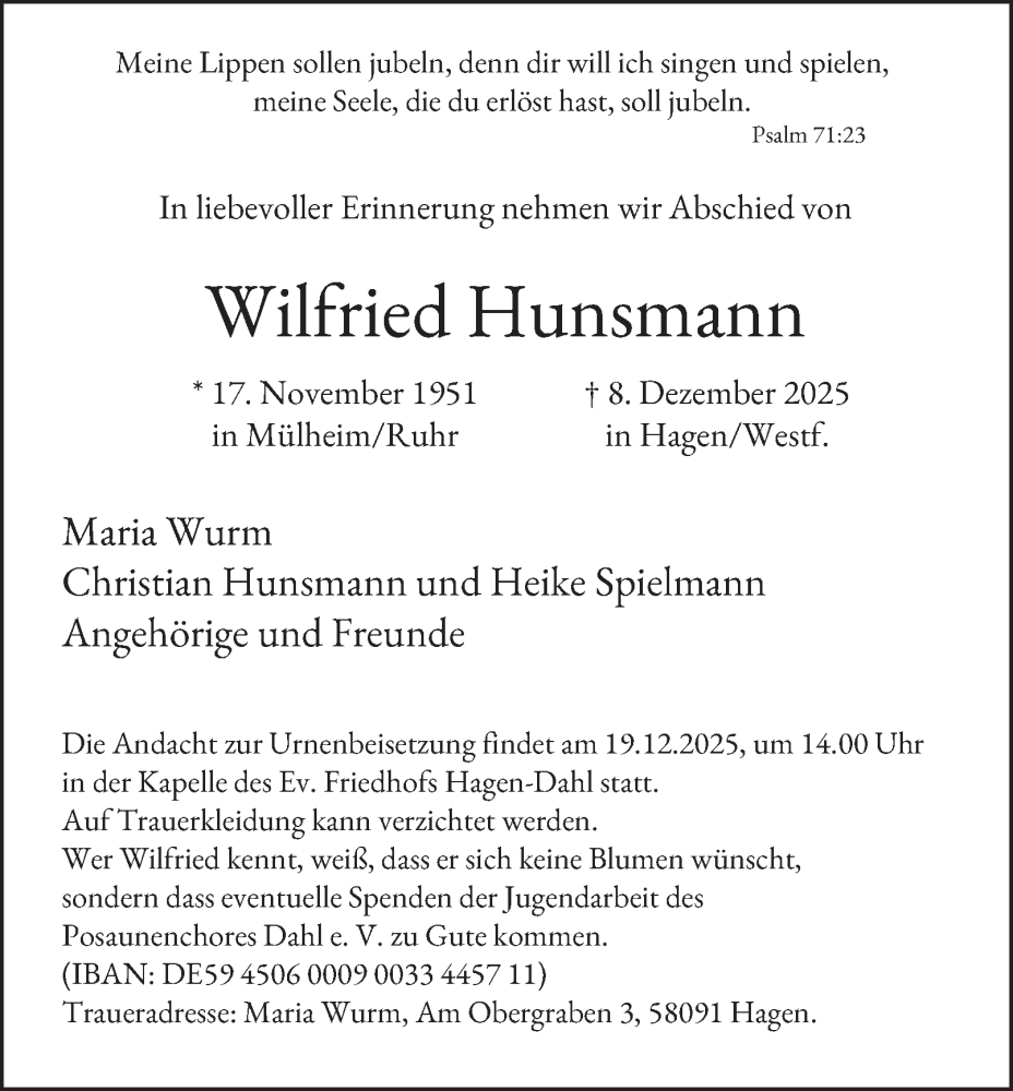  Traueranzeige für Wilfried Hunsmann vom 13.12.2025 aus Tageszeitung