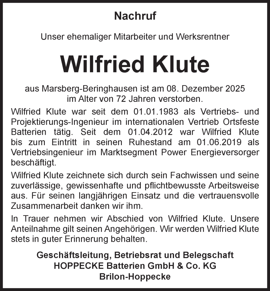  Traueranzeige für Wilfried Klute vom 20.12.2025 aus Tageszeitung