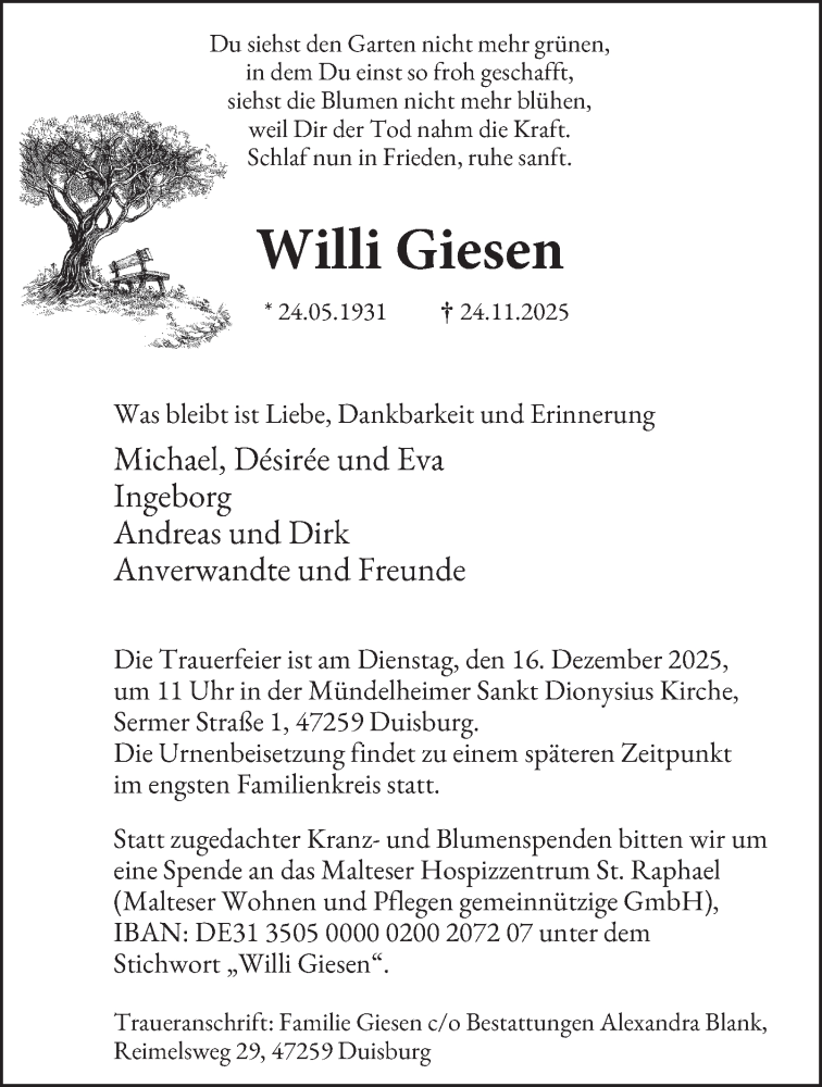  Traueranzeige für Willi Giesen vom 06.12.2025 aus Tageszeitung