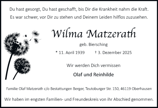 Traueranzeige von Wilma Matzerath von Tageszeitung