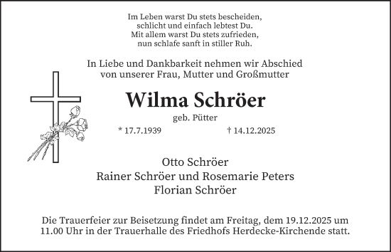 Traueranzeige von Wilma Schröer von Tageszeitung