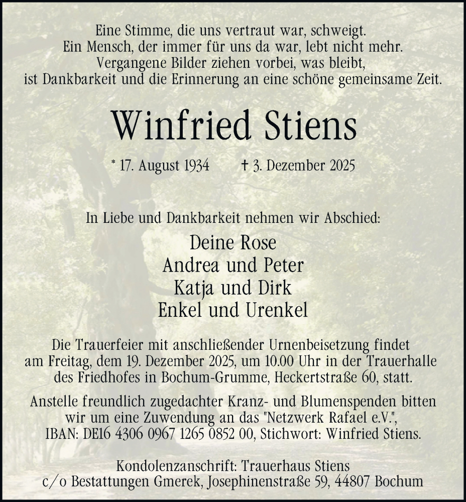  Traueranzeige für Winfried Stiens vom 13.12.2025 aus Tageszeitung