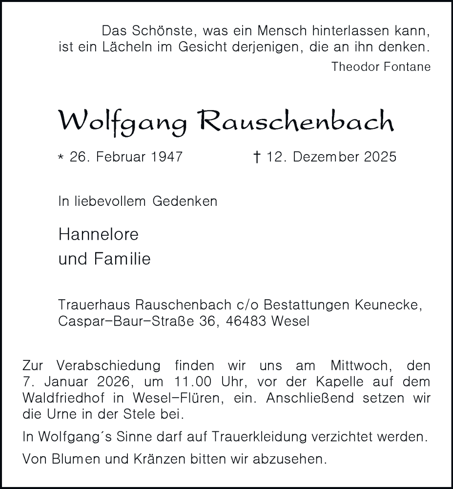  Traueranzeige für Wolfgang Rauschenbach vom 27.12.2025 aus Tageszeitung