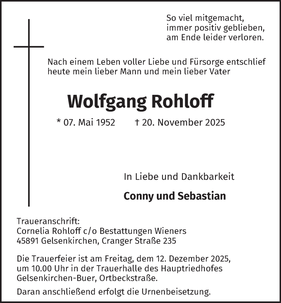  Traueranzeige für Wolfgang Rohloff vom 06.12.2025 aus Tageszeitung