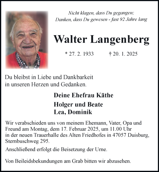 Traueranzeige von Walter Langenberg von FUNKE Medien NRW GmbH