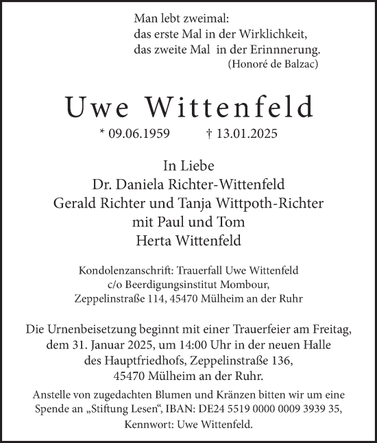Traueranzeige von Uwe Wittenfeld von FUNKE Medien NRW GmbH