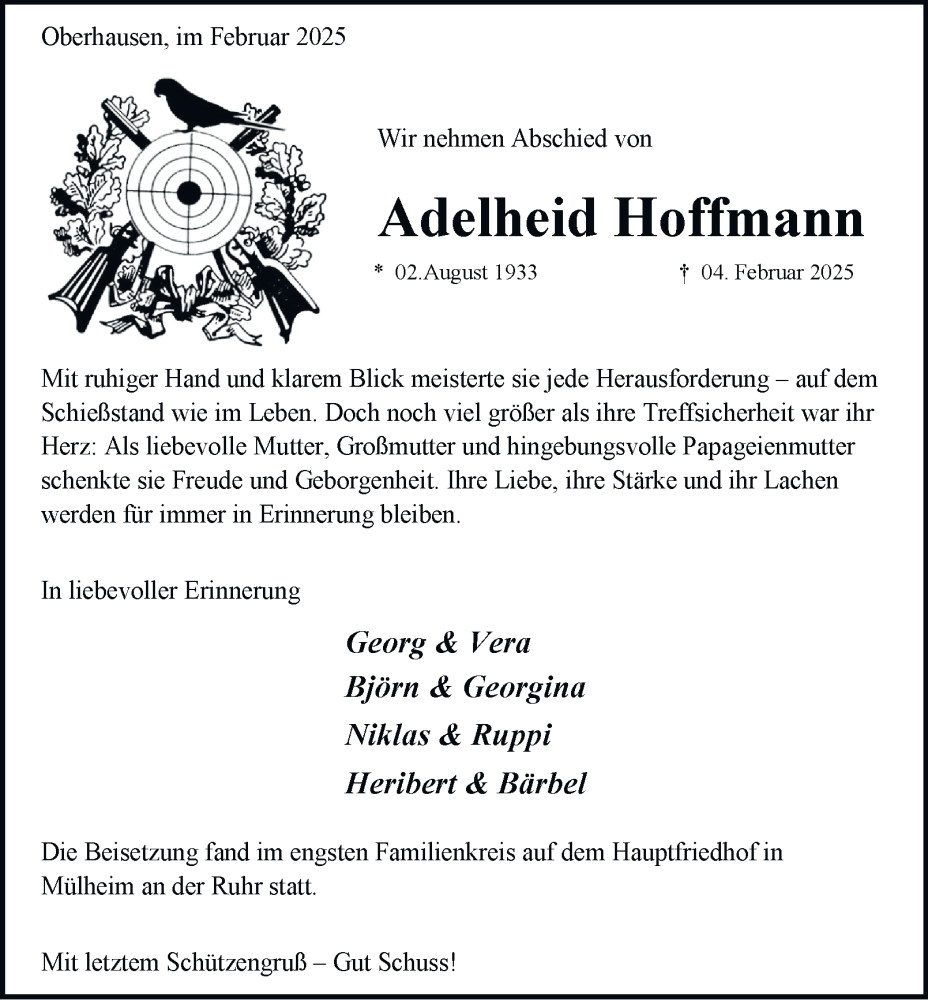  Traueranzeige für Adelheid Hoffmann vom 22.02.2025 aus Tageszeitung