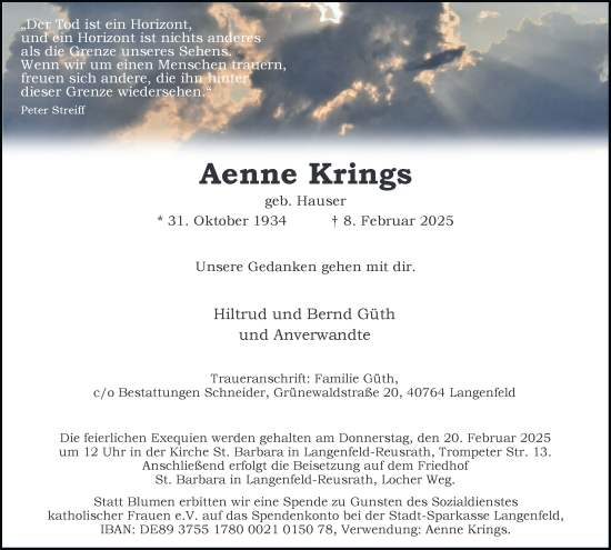 Traueranzeige von Aenne Krings von Tageszeitung