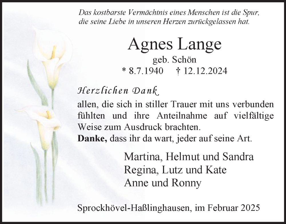  Traueranzeige für Agnes Lange vom 15.02.2025 aus Tageszeitung