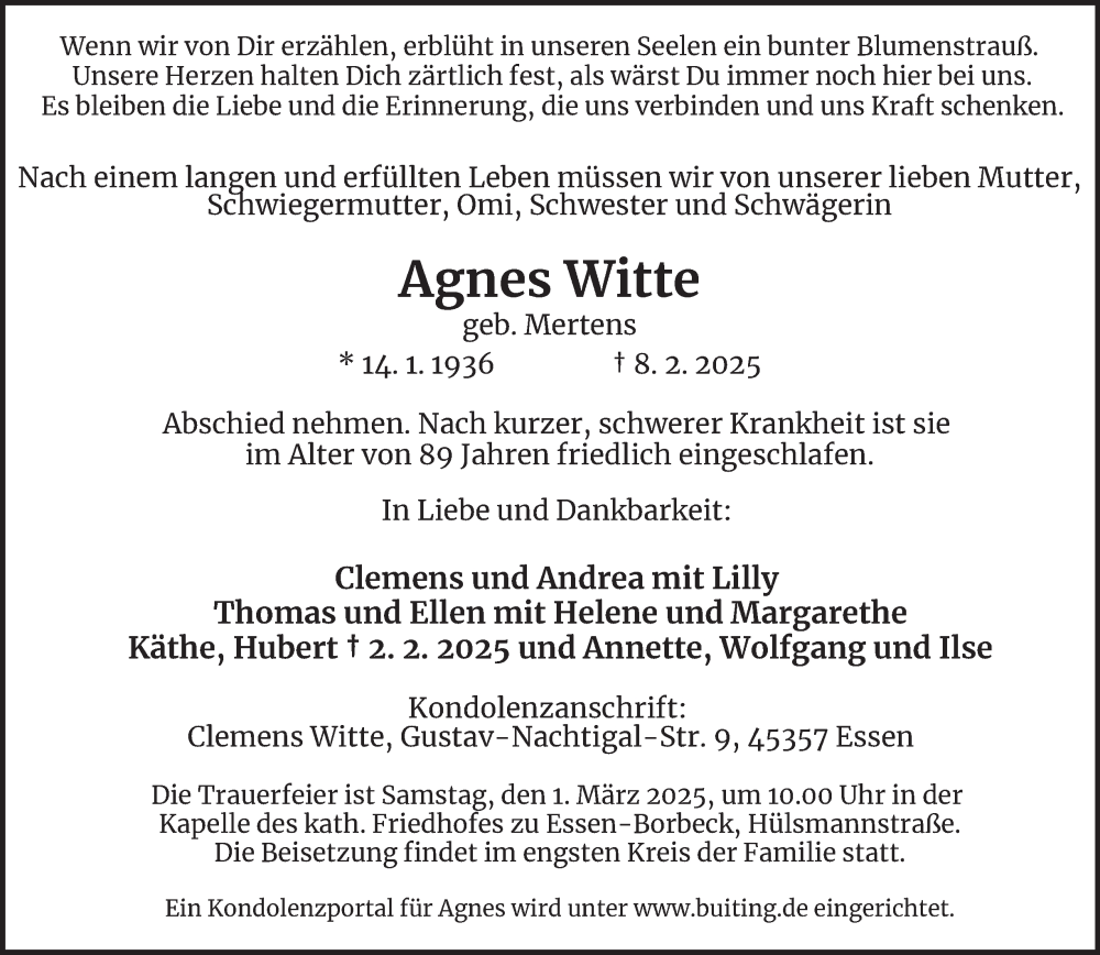  Traueranzeige für Agnes Witte vom 22.02.2025 aus Tageszeitung