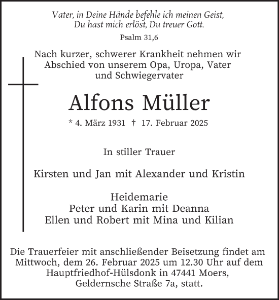 Traueranzeige von Alfons Müller von Tageszeitung