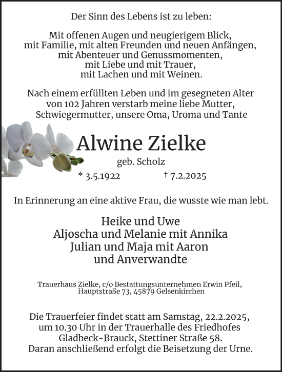 Traueranzeige von Alwine Zielke von Tageszeitung