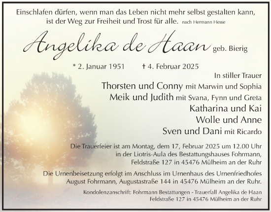 Traueranzeige von Angelika de Haan von Tageszeitung