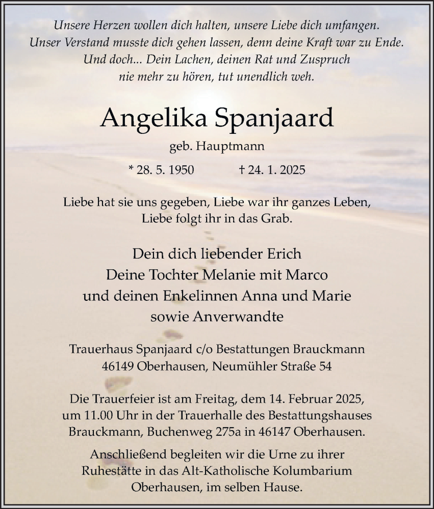  Traueranzeige für Angelika Spanjaard vom 08.02.2025 aus Tageszeitung