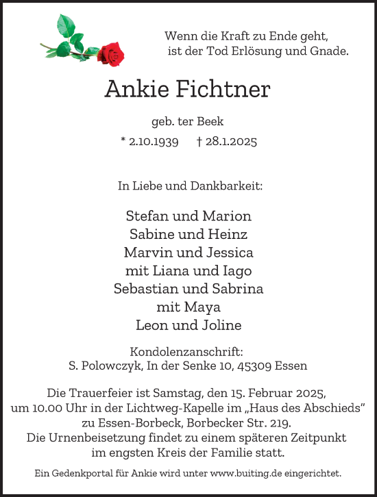 Traueranzeige von Ankie Fichtner von Tageszeitung