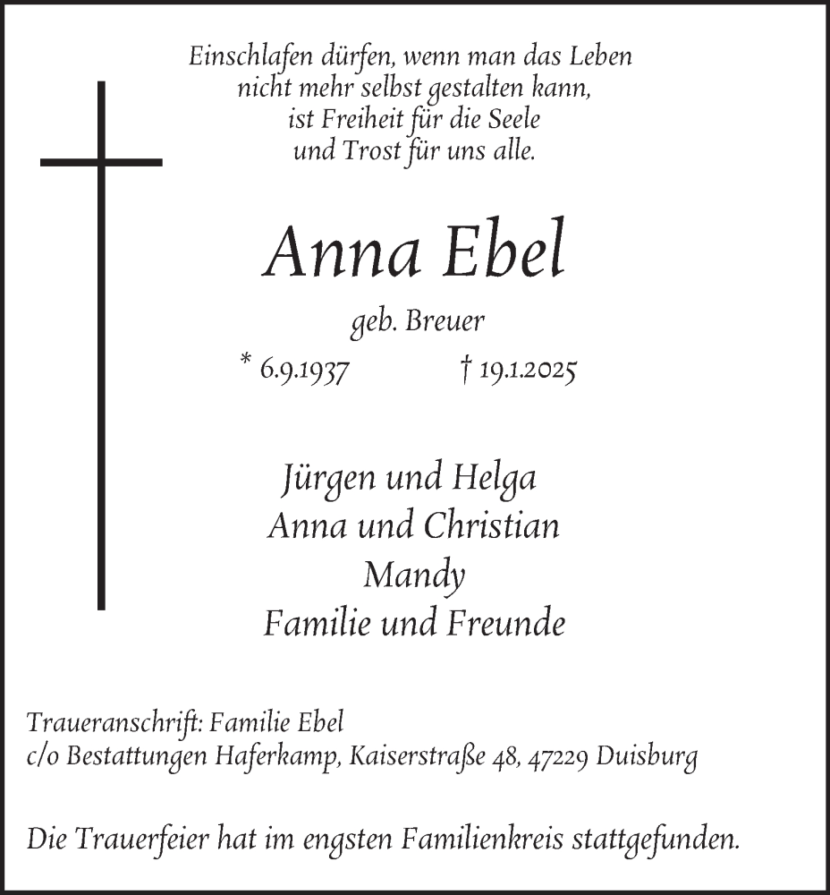  Traueranzeige für Anna Ebel vom 15.02.2025 aus Tageszeitung