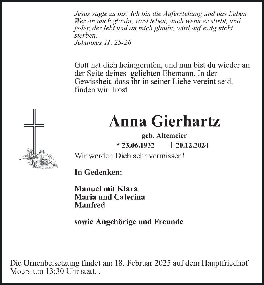  Traueranzeige für Anna Gierhartz vom 15.02.2025 aus Tageszeitung