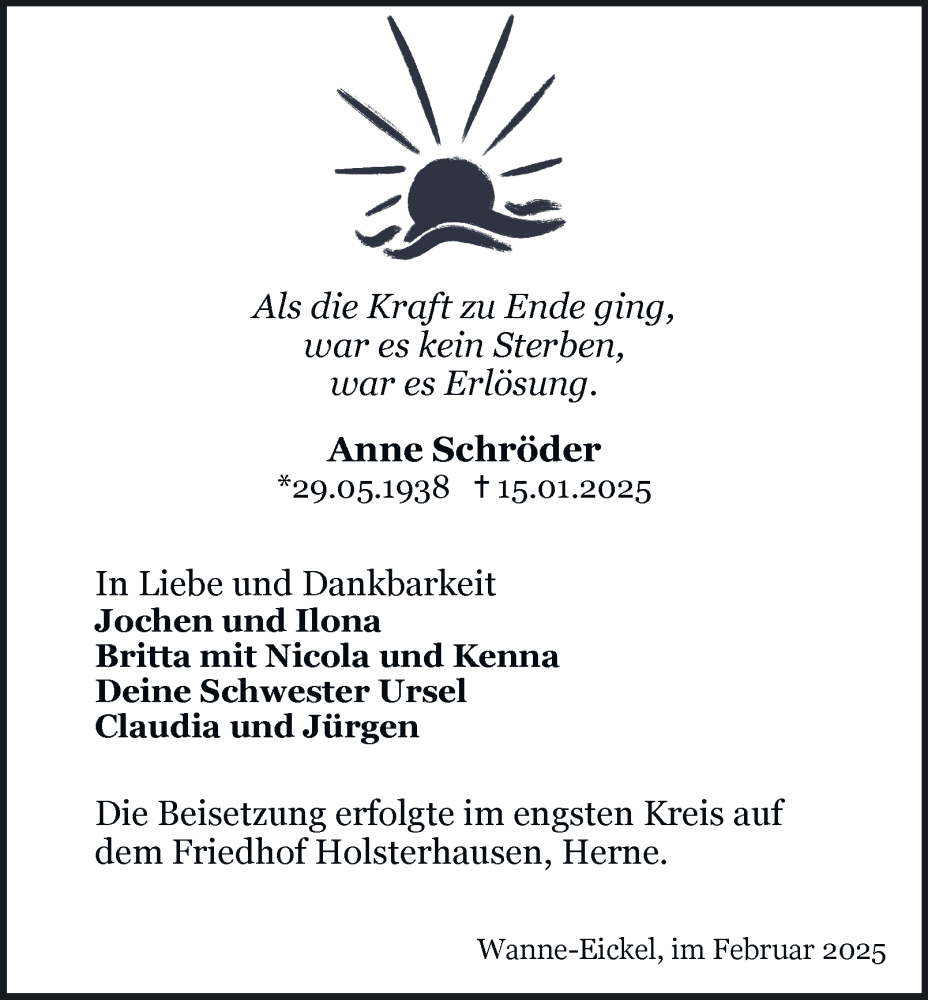  Traueranzeige für Anne Schröder vom 07.02.2025 aus Tageszeitung