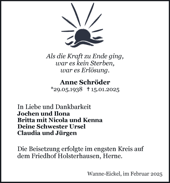 Traueranzeige von Anne Schröder von Tageszeitung