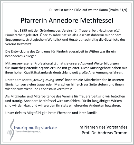 Traueranzeige von Annedore Methfessel von Tageszeitung