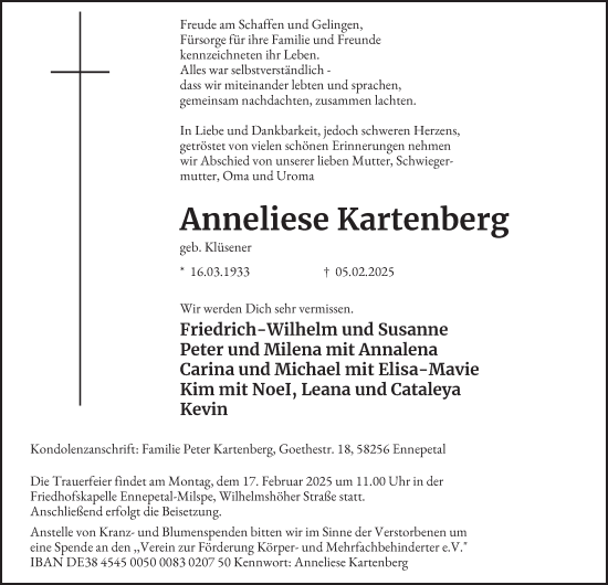 Traueranzeige von Anneliese Kartenberg von Tageszeitung