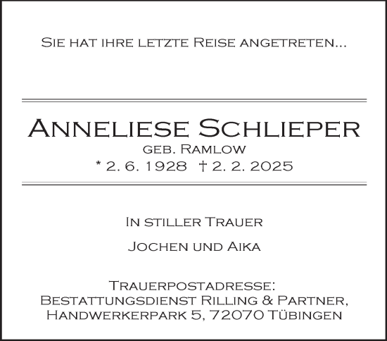 Traueranzeige von Anneliese Schlieper von Tageszeitung