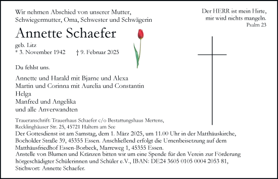 Traueranzeige von Annette Schaefer von Tageszeitung