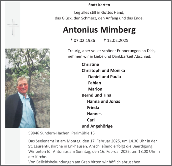 Traueranzeige von Antonius Mimberg von Tageszeitung