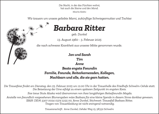 Traueranzeige von Barbara Ritter von Tageszeitung