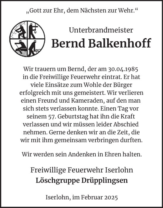 Traueranzeige von Bernd Balkenhoff von Tageszeitung