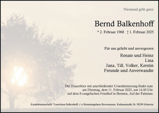 Traueranzeige von Bernd Balkenhoff von Tageszeitung