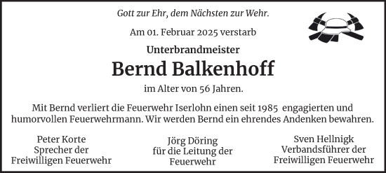 Traueranzeige von Bernd Balkenhoff von Tageszeitung