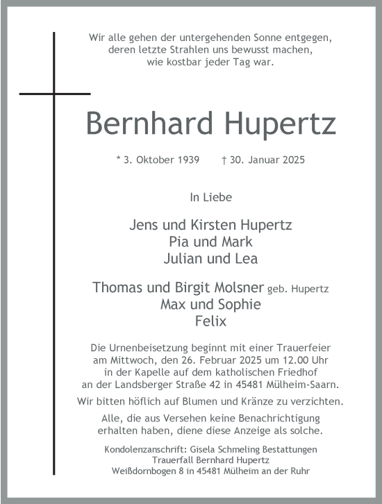 Traueranzeige von Bernhard Hupertz von Tageszeitung